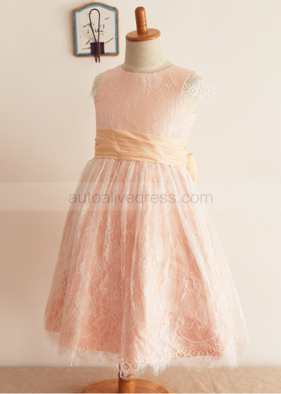 Pink Lace Satin Cap Sleeves Knee Length Flower Girl Dress 